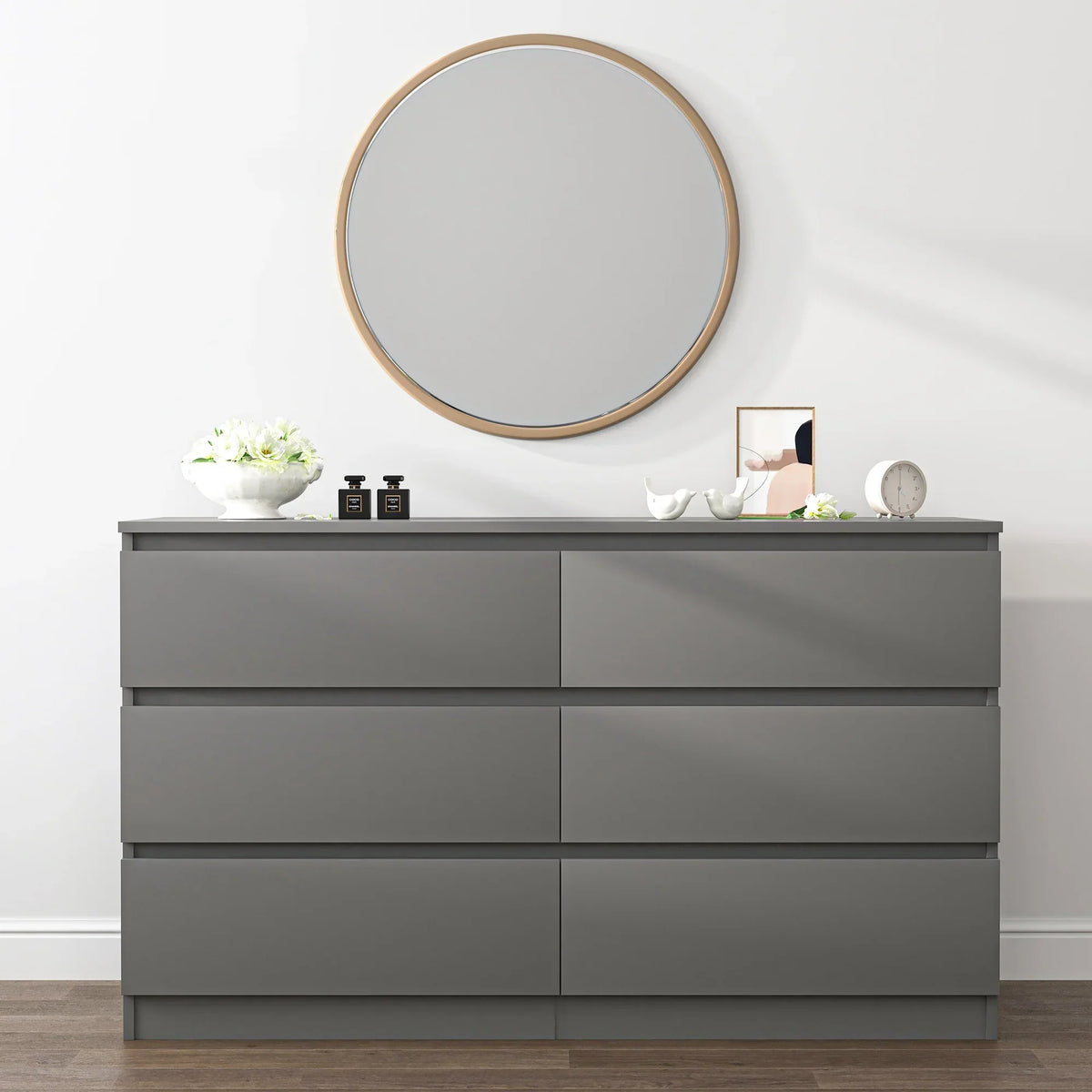 Nouveauté 2026 – Commode Resenkos moderne style milieu du siècle, 6 tiroirs, large, pour chambre à coucher, grise