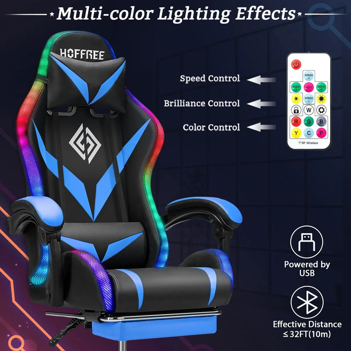 Nouveauté 2026 – Fauteuil de jeu Hoffree avec haut-parleurs intégrés, en cuir PU, repose-pieds et éclairage LED. Fauteuil ergonomique pour gamer avec massage, soutien lombaire et appui-tête pivotant et réglable. Idéal pour le télétravail et le bureau