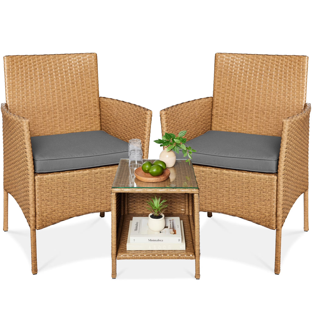 Nouveauté 2026 – Ensemble bistro de jardin 3 pièces en résine tressée Best Choice Products , avec 2 chaises et une table - Gris/Bleu marine