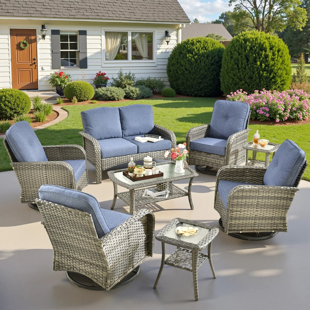 Nouveauté 2026 – Ensemble de mobilier de jardin 5 pièces Ovios , comprenant fauteuils pivotants et table basse, en résine tressée résistante aux intempéries, gris foncé