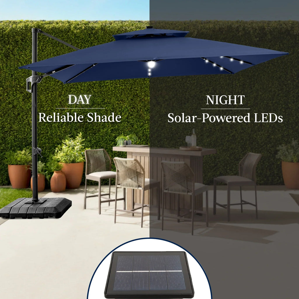 Nouveauté 2026 – Parasol déporté carré d'extérieur à deux niveaux, 3,66 m x 3,66 m, à éclairage solaire LED, avec base rotative à 360°, bleu marine, Best Choice Products
