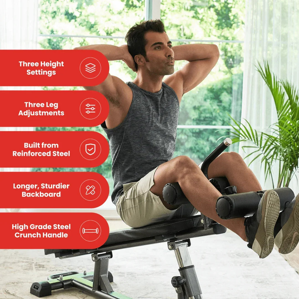 Nouveauté 2026 – Banc de musculation semi-professionnel Finer Form Elite , avec poignée pour crunch inversé, idéal pour les exercices abdominaux. Permet de réaliser des crunchs inversés et des relevés de buste inclinés. 4 hauteurs réglables. Noir