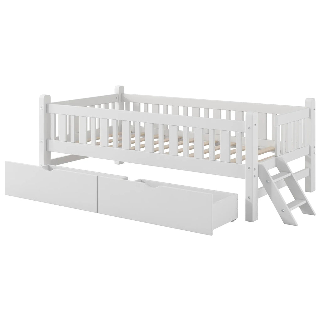 Nouveauté 2026 – Lit plateforme Euroco en bois, taille simple, avec 2 tiroirs et échelle, pour enfants et tout-petits, blanc