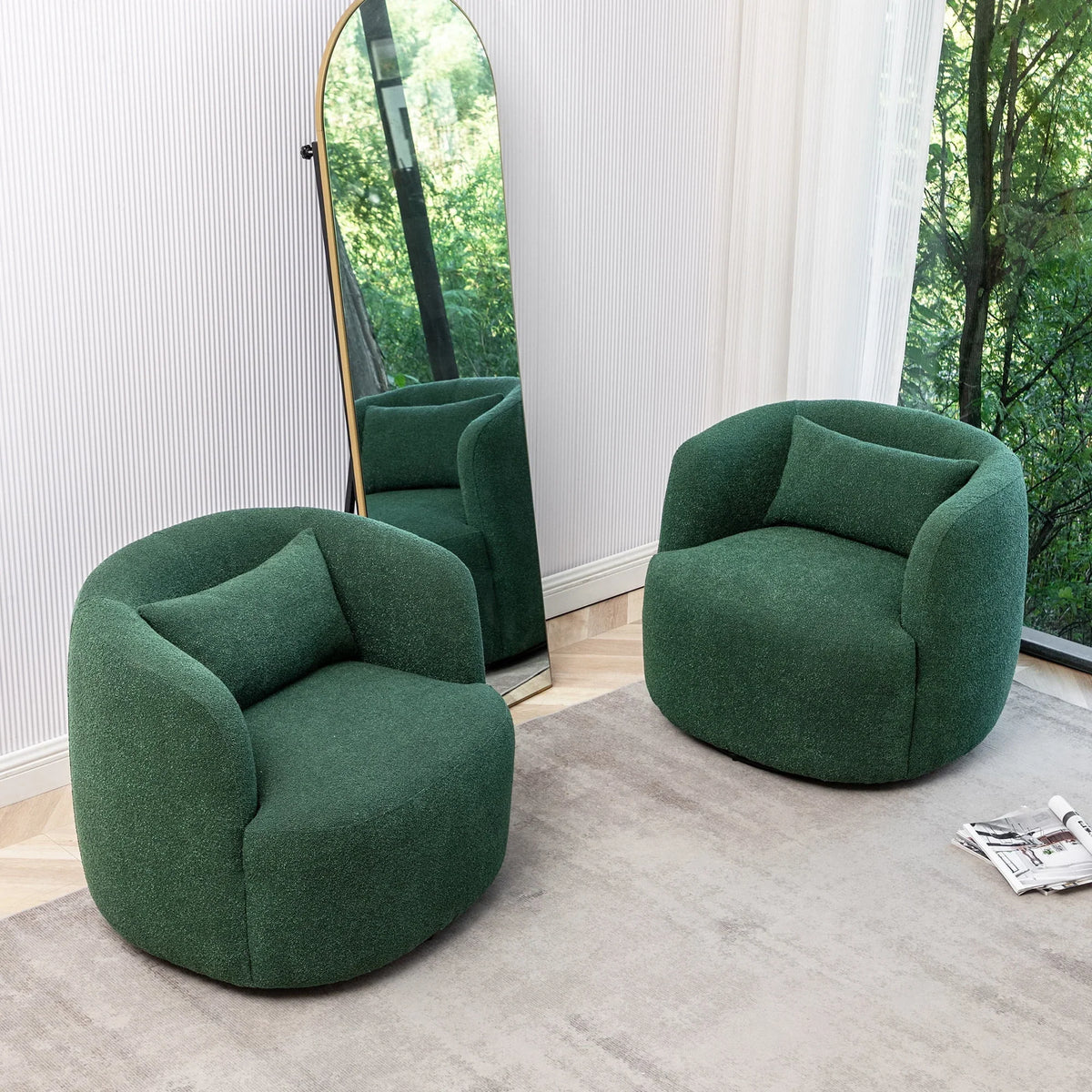 Nouveauté 2026 – Fauteuil pivotant rond 34" en bouclette de 86 cm de large, sans assemblage, avec coussin décoratif, idéal pour le salon et la chambre, couleur taupe