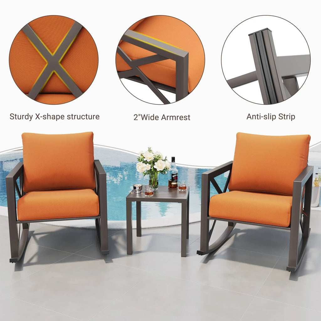 Nouveauté 2026 – Ensemble bistro MRUAKA , 3 pièces, comprenant 2 fauteuils à bascule et 1 table basse en métal avec coussins épais, idéal pour véranda, jardin ou bord de piscine, couleur beige