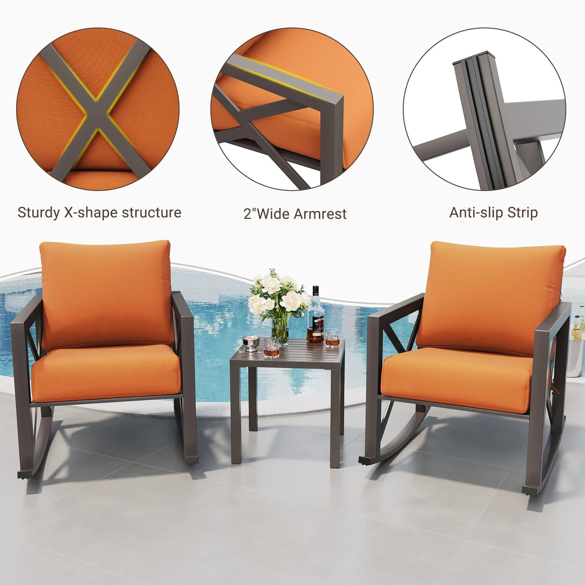 Nouveauté 2026 – Ensemble bistro MRUAKA , 3 pièces, comprenant 2 fauteuils à bascule et 1 table basse en métal avec coussins épais, idéal pour véranda, jardin ou bord de piscine, couleur beige