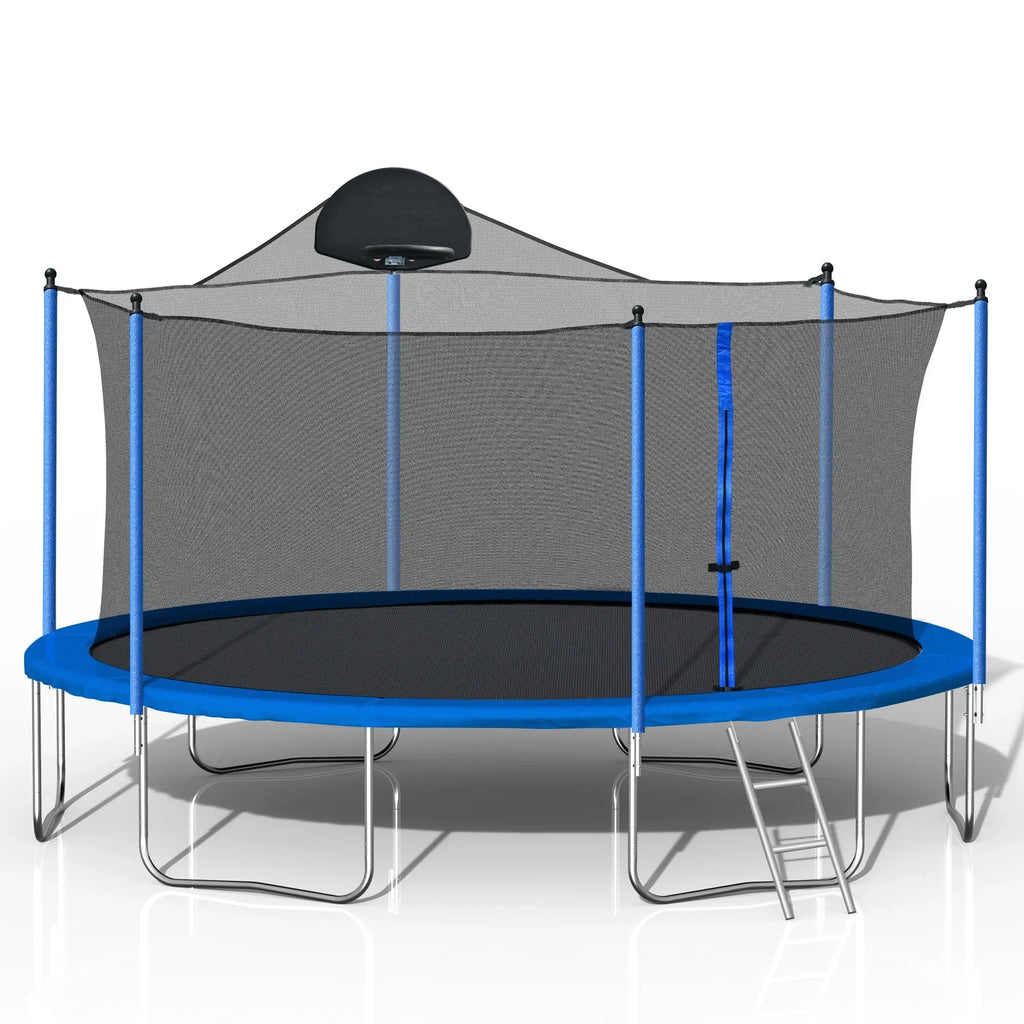 Nouveauté 2026 – Trampoline d'extérieur 4,27 m (14 pi) neuf de avec filet de sécurité, structure tubulaire en acier, échelle et filet de protection - Modèle robuste, bleu