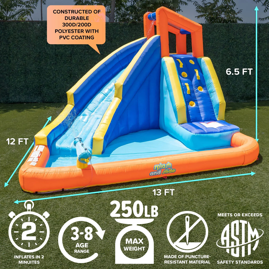 Nouveauté 2026 – Toboggan aquatique gonflable Sportspower® Big Wave II avec mur d'escalade et pataugeoire, 3-8 ans, ultra-résistant, certifié ASTM, garantie à vie sur le souffleur inclus
