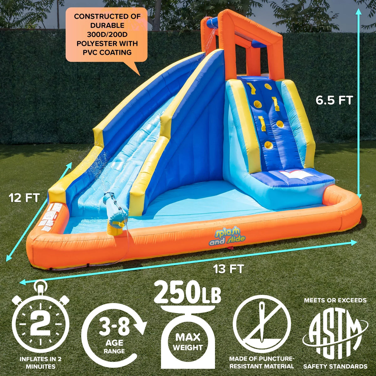 Nouveauté 2026 – Toboggan aquatique gonflable Sportspower® Big Wave II avec mur d'escalade et pataugeoire, 3-8 ans, ultra-résistant, certifié ASTM, garantie à vie sur le souffleur inclus