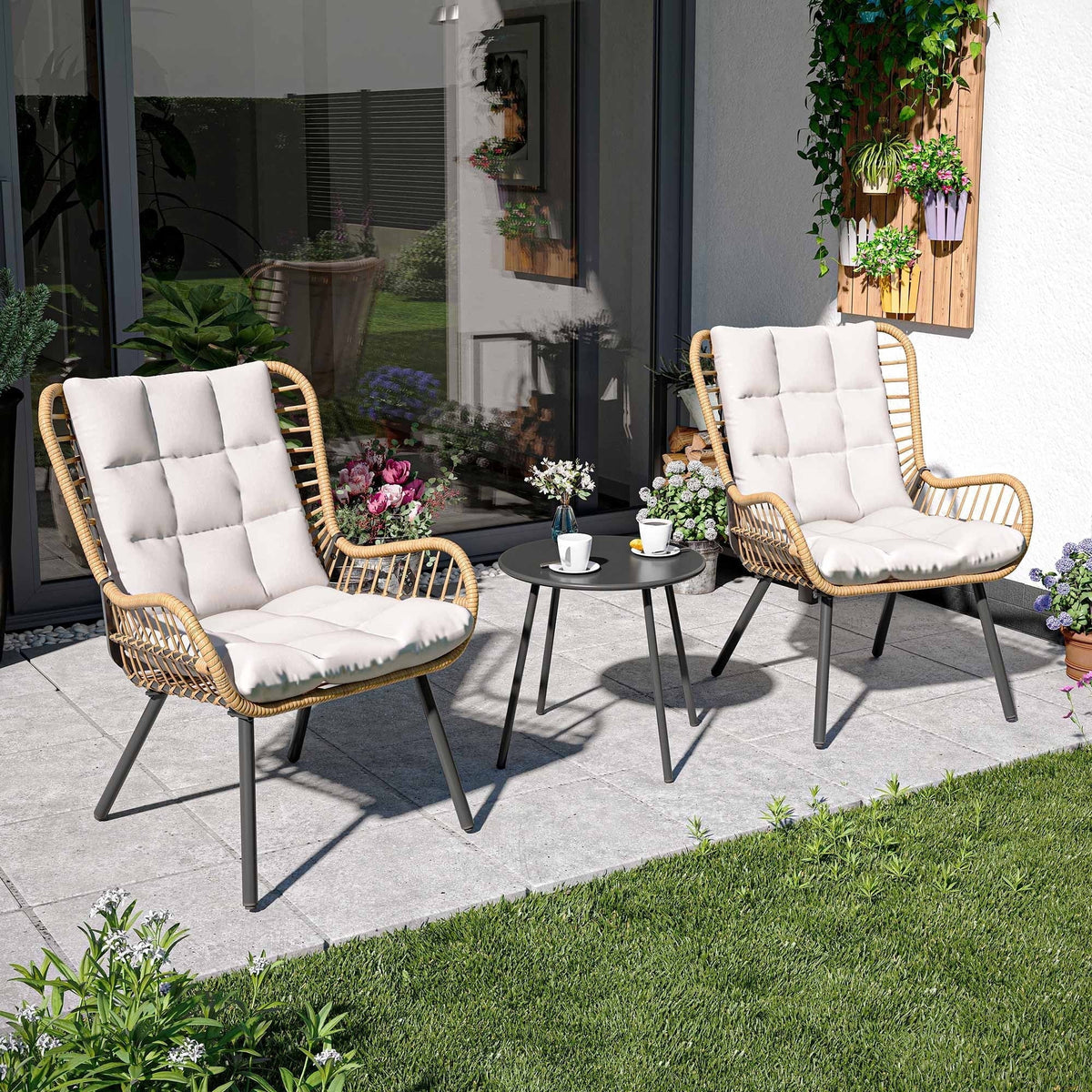 Nouveauté 2026 – Ensemble de mobilier de patio 3 pièces LAUSAINT HOME , comprenant un bistro d'extérieur à dossier haut, une table basse et des coussins beiges pour jardin ou terrasse