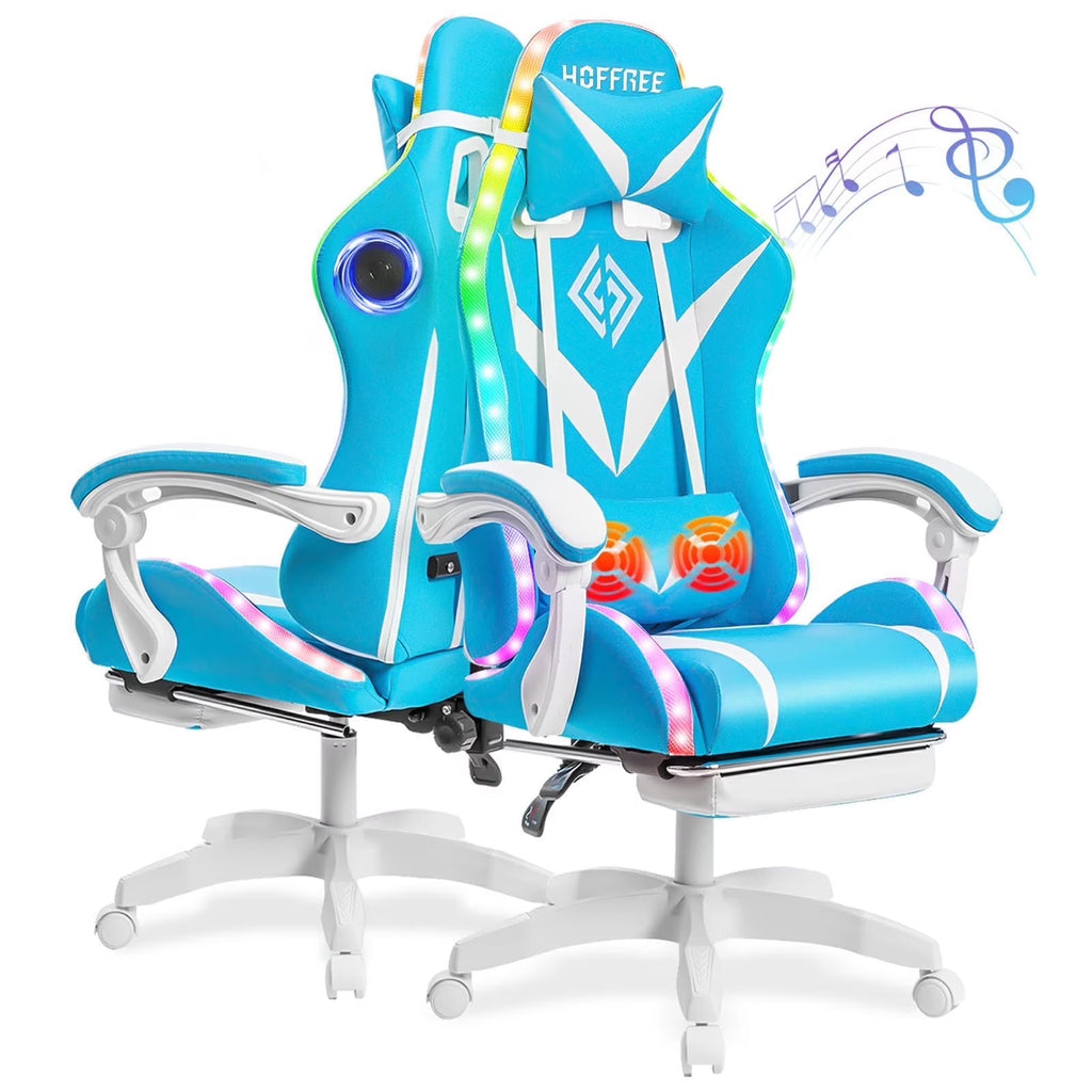 Nouveauté 2026 – Fauteuil de jeu Hoffree avec haut-parleurs intégrés, en cuir PU, repose-pieds et éclairage LED. Fauteuil ergonomique pour gamer avec massage, soutien lombaire et appui-tête pivotant et réglable. Idéal pour le télétravail et le bureau