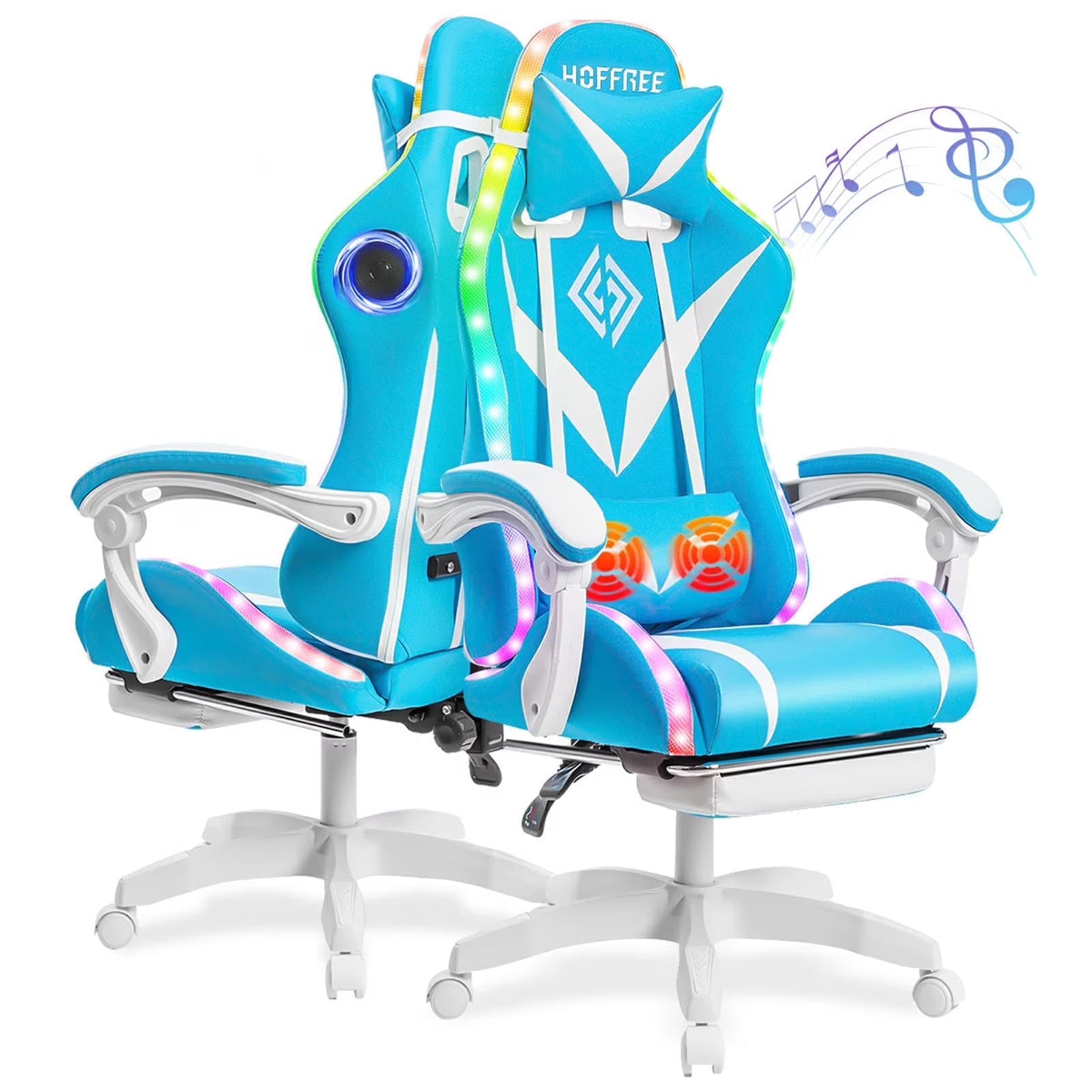 Nouveauté 2026 – Fauteuil de jeu Hoffree avec haut-parleurs intégrés, en cuir PU, repose-pieds et éclairage LED. Fauteuil ergonomique pour gamer avec massage, soutien lombaire et appui-tête pivotant et réglable. Idéal pour le télétravail et le bureau