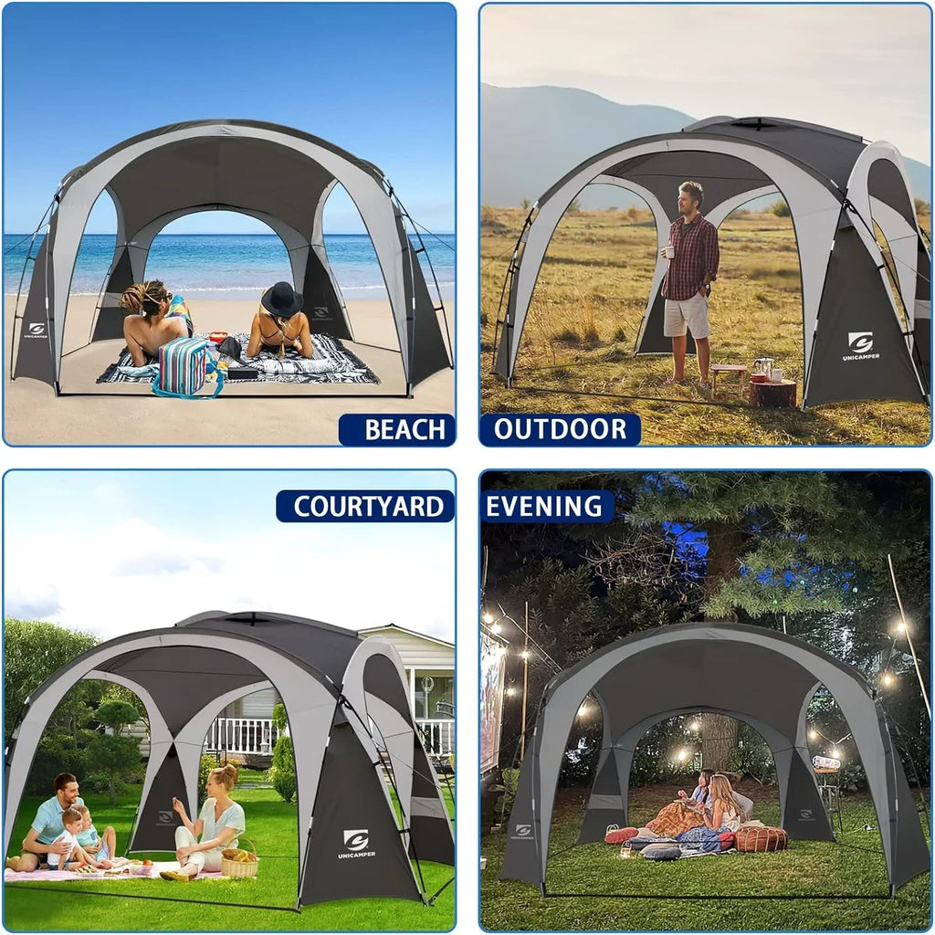 Nouveauté 2026 – Tente de plage UNP Easy Beach , 3,65 m x 3,65 m, pliable, protection UPF50+, avec parois latérales, piquets de sol et barres de stabilité. Abri solaire résistant à la pluie et à l'eau, idéal pour le camping, les jeux dans le jardin,