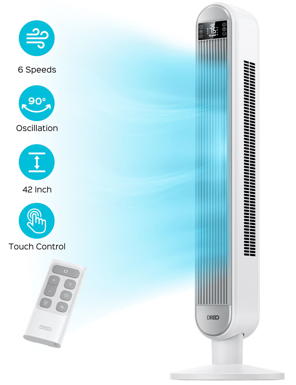 Nouveauté 2026 – Ventilateur tour Dreo pour la maison, ventilateur sur pied de 107 cm avec télécommande, ventilateur oscillant de 229 cm pour l'intérieur, ventilateurs de chambre silencieux (34 dB), 6 vitesses, 4 modes, minuterie de 12 heures, ventil