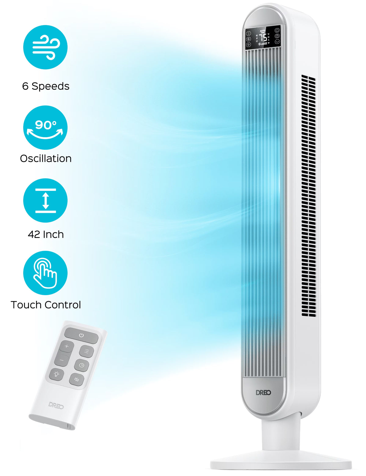Nouveauté 2026 – Ventilateur tour Dreo pour la maison, ventilateur sur pied de 107 cm avec télécommande, ventilateur oscillant de 229 cm pour l'intérieur, ventilateurs de chambre silencieux (34 dB), 6 vitesses, 4 modes, minuterie de 12 heures, ventil