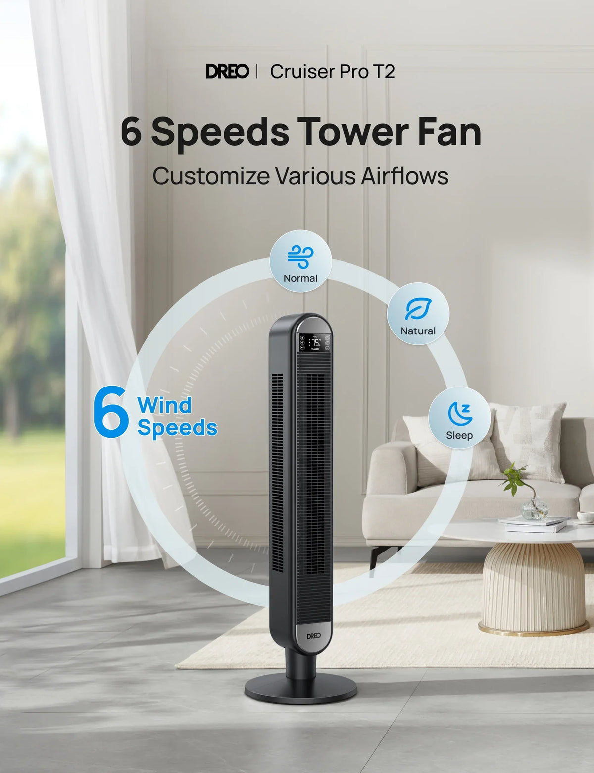 Nouveauté 2026 – Ventilateur tour Dreo pour la maison, ventilateur sur pied de 107 cm avec télécommande, ventilateur oscillant de 229 cm pour l'intérieur, ventilateurs de chambre silencieux (34 dB), 6 vitesses, 4 modes, minuterie de 12 heures, ventil