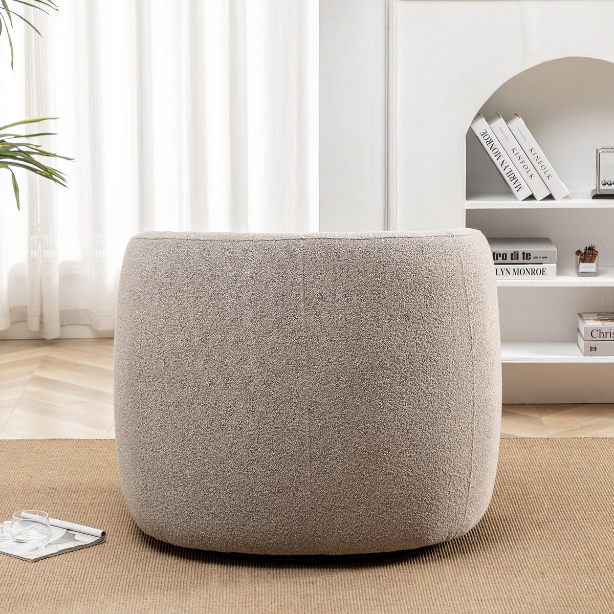 Nouveauté 2026 – Fauteuil pivotant rond 34" en bouclette de 86 cm de large, sans assemblage, avec coussin décoratif, idéal pour le salon et la chambre, couleur taupe