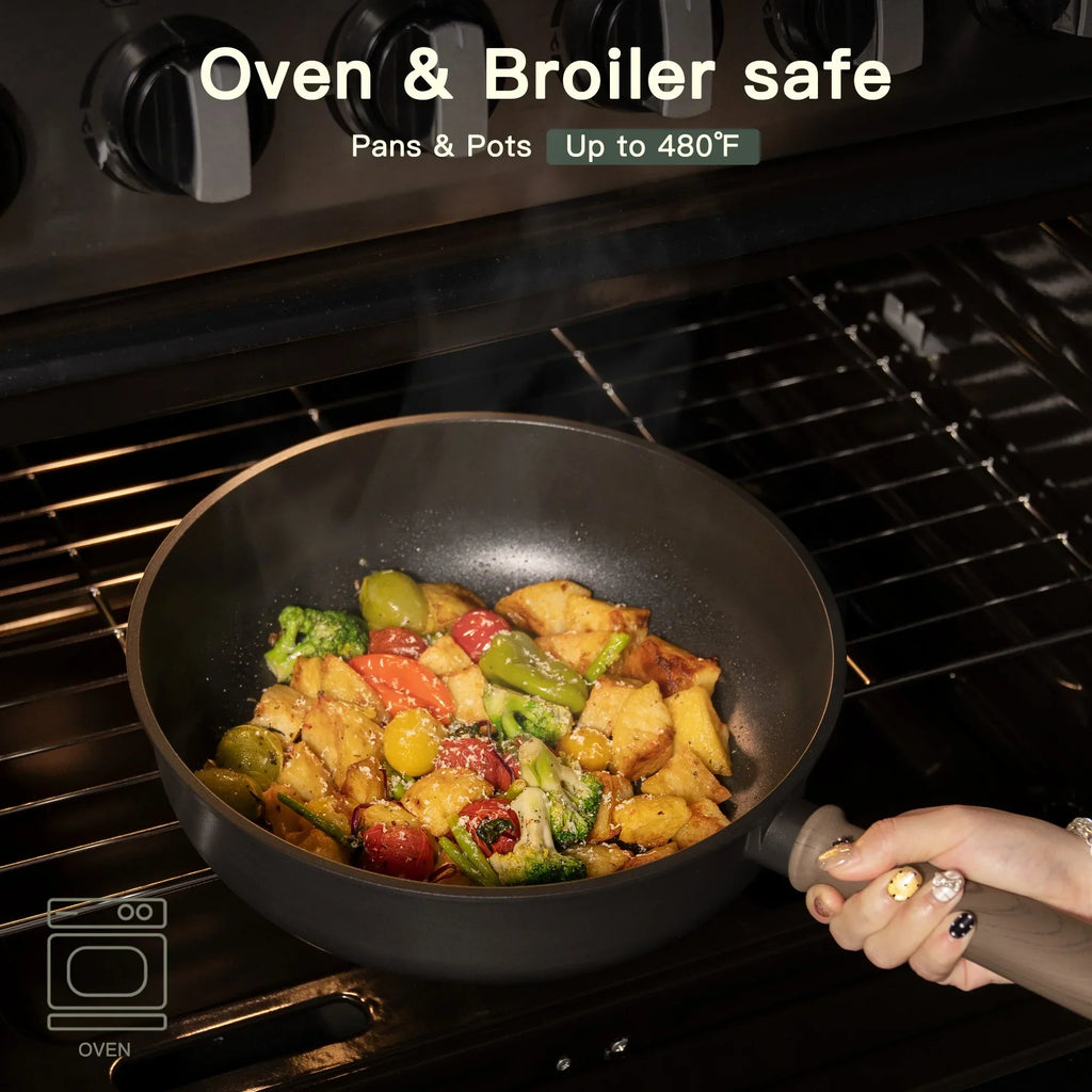 Nouveauté 2026 – Ensemble de 18 pièces Astercook , casseroles et poêles antiadhésives avec élégante poignée en bois, compatible four jusqu'à 250 °C (480 °F), compatible induction, idéal pour les voyages en camping-car, le camping et les pique-niques,