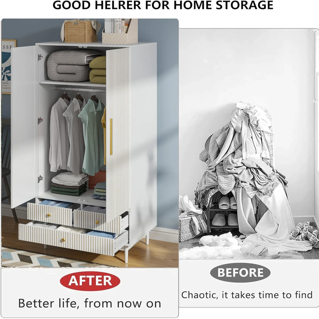 Nouveauté 2026 – Armoire-penderie Armoire , meuble de rangement avec tiroirs et penderie pour chambre à coucher, blanc