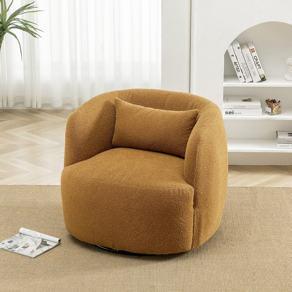 Nouveauté 2026 – Fauteuil pivotant rond 34" en bouclette de 86 cm de large, sans assemblage, avec coussin décoratif, idéal pour le salon et la chambre, couleur taupe