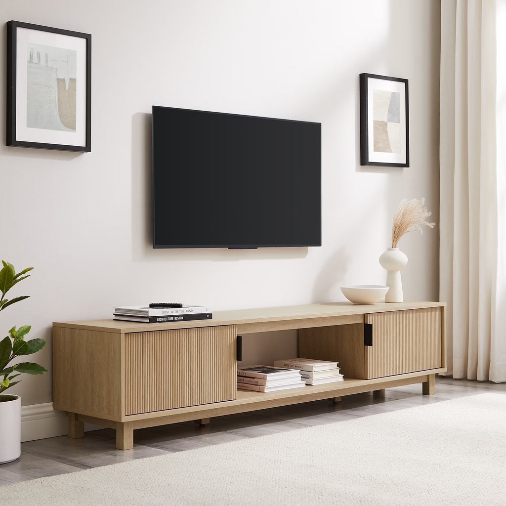 Nouveauté 2026 – Meuble TV Walker Edison , style moderne du milieu du siècle, à deux portes cannelées, pour téléviseurs jusqu'à 80 pouces, chêne côtier