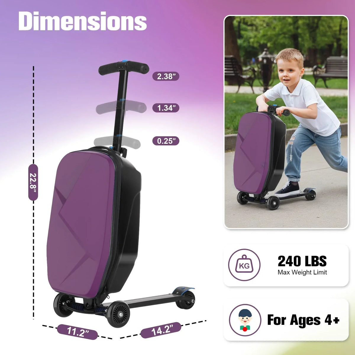 Nouveauté 2026 – Valise-trottinette Advwin pour enfants et adultes, valise rigide à roulettes pour enfants de 4 à 15 ans, multifonctionnelle, légère et pliable, avec roulettes, rose