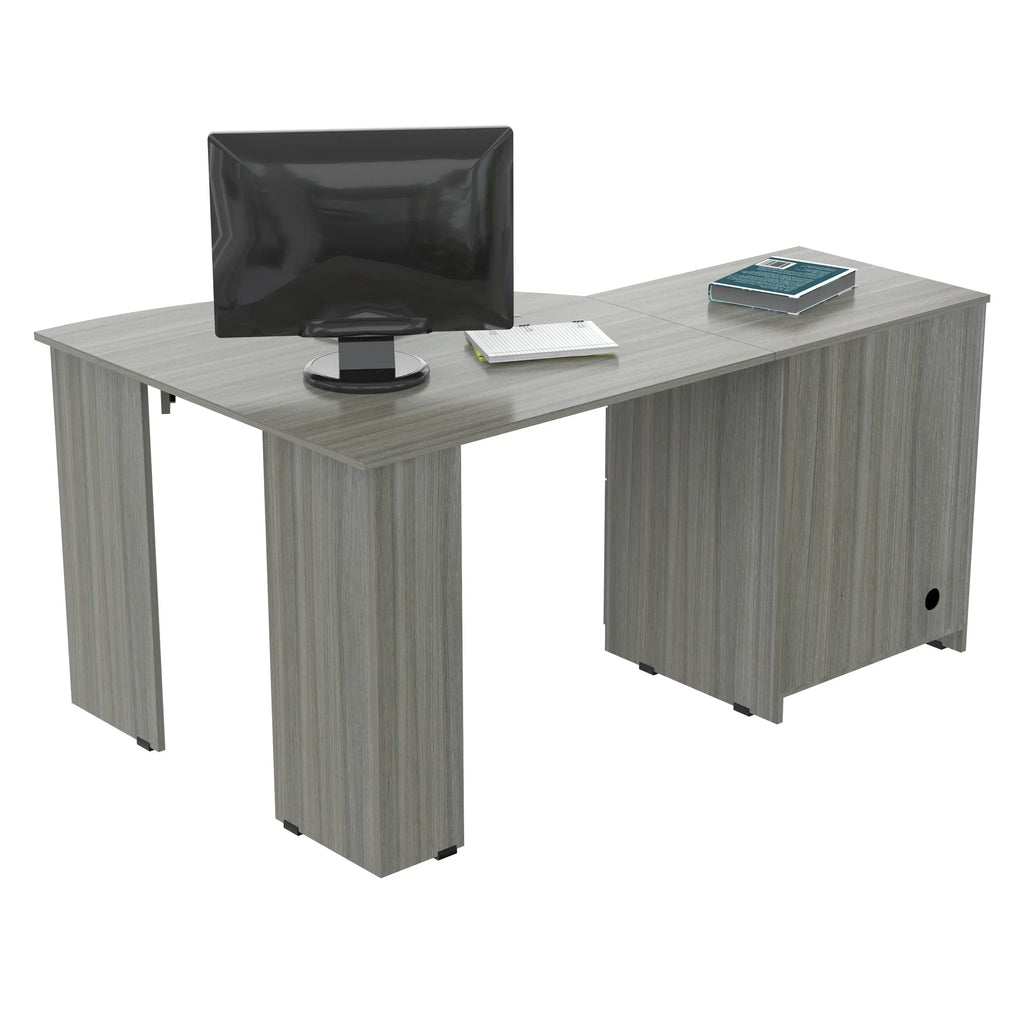 Nouveauté 2026 – Bureau d'angle moderne Inval avec 2 tiroirs et un placard, chêne blanchi