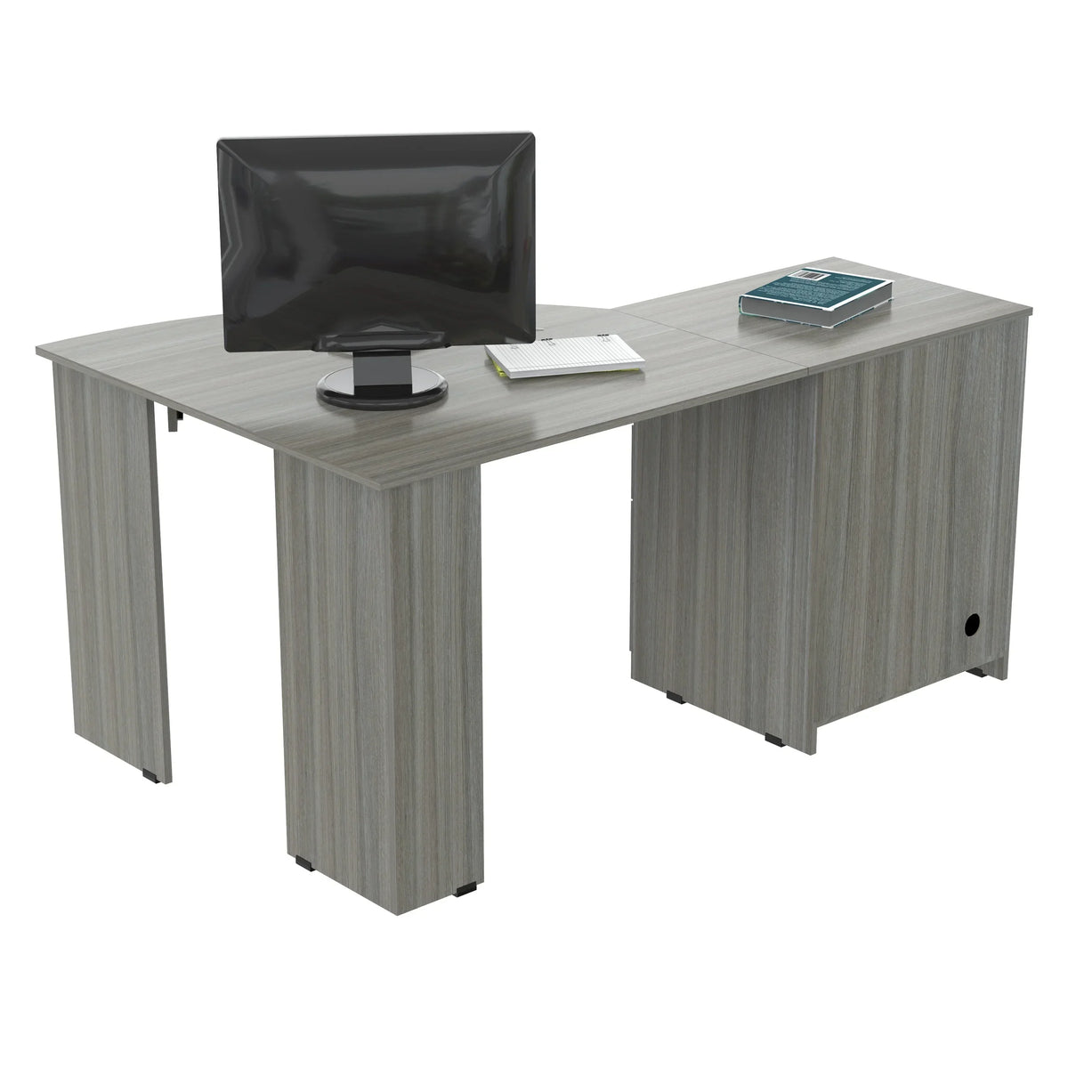 Nouveauté 2026 – Bureau d'angle moderne Inval avec 2 tiroirs et un placard, chêne blanchi