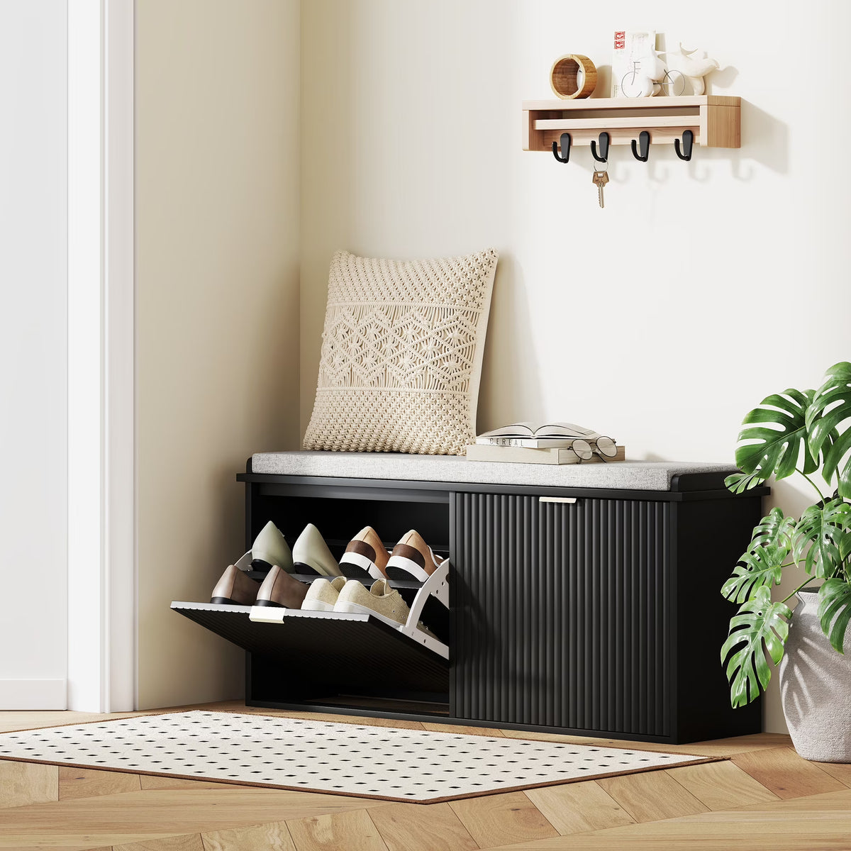 Nouveauté 2026 – Banc à chaussures HOMCOM avec assise rembourrée et tiroir rabattable, supportant jusqu'à 240 kg, 104 x 26 x 48 cm, noir