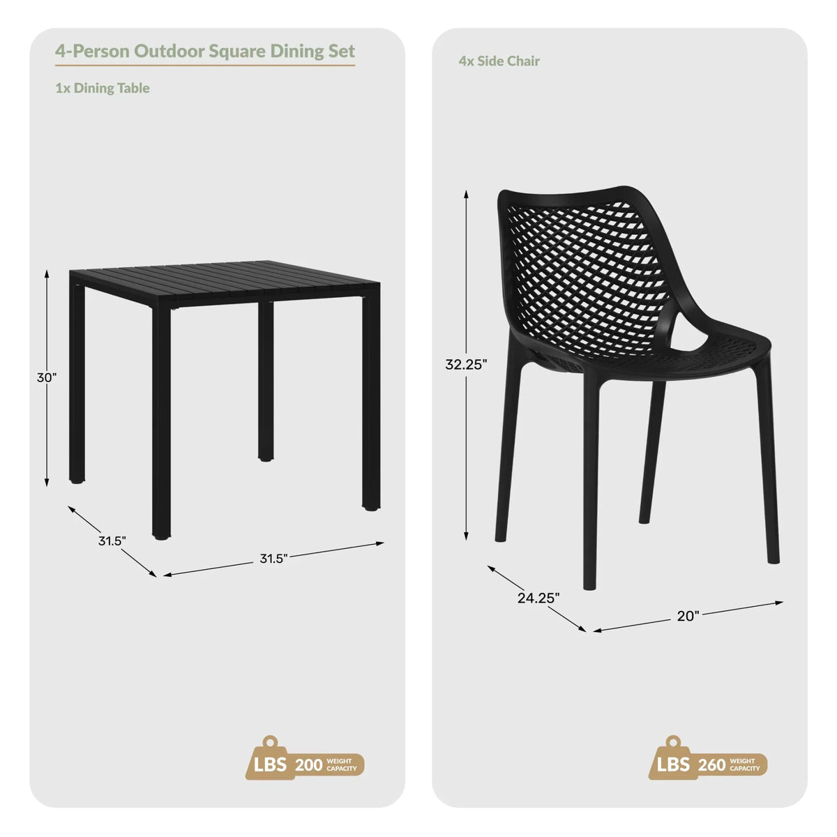 Nouveauté 2026 – Ensemble de salle à manger d'extérieur WestinTrends Playa 5 pièces avec table et chaises empilables, structure en métal, vert olive
