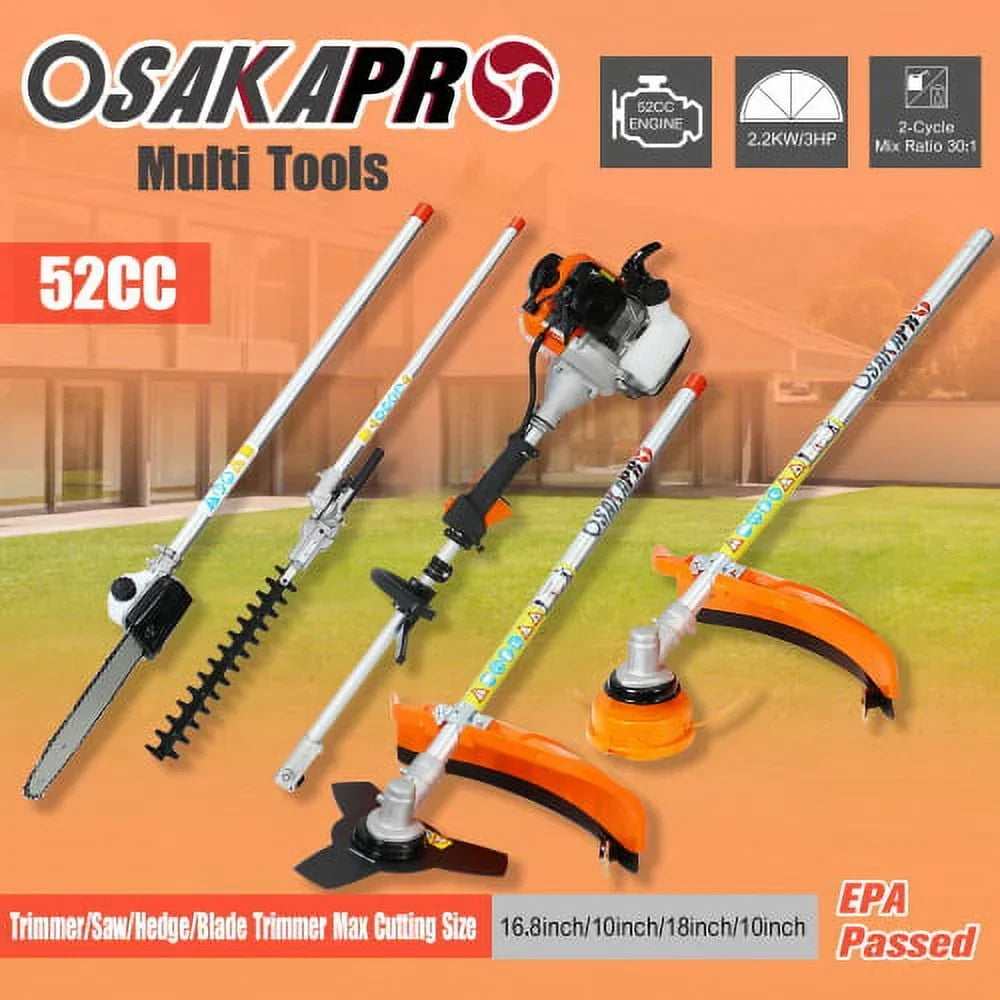 Nouveauté 2026 – Outil de coupe multifonctionnel , système d'outils de jardin 2 temps 52 cm3 avec scie à perche à essence, taille-haies, coupe-bordures, débroussailleuse. Ensemble de jardin conforme aux normes EPA pour l'entretien de la pelouse