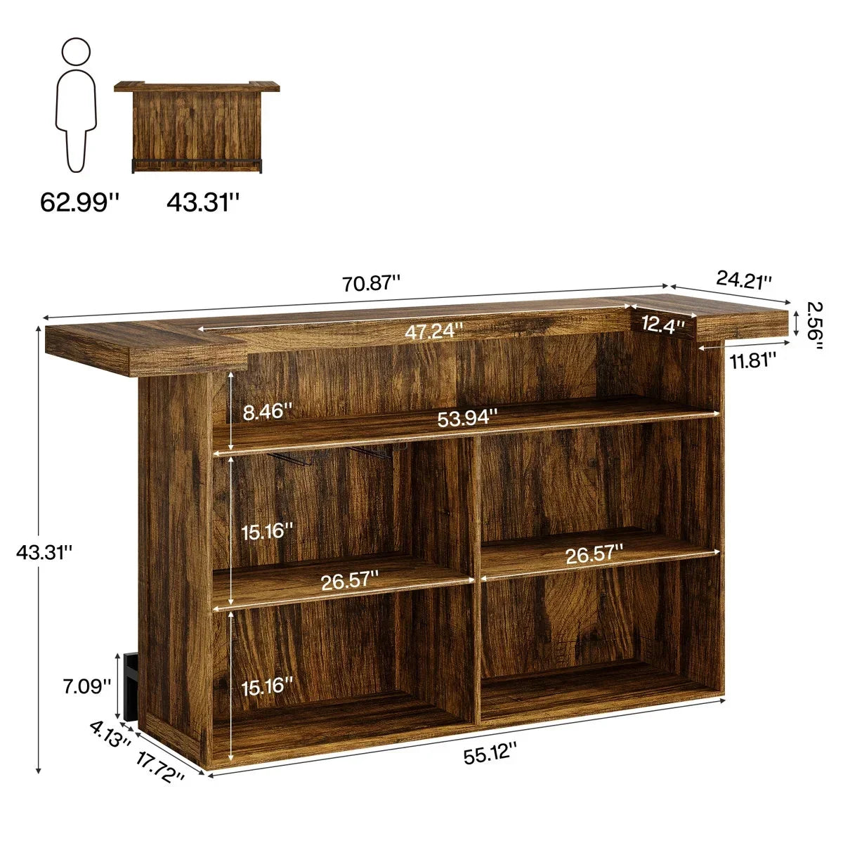 Nouveauté 2026 – Table de bar à 4 niveaux Tribesigns , grand meuble bar de 180 cm avec porte-verres à vin et repose-pieds noir, pour cuisine, salle à manger, salon, pub, marron rustique