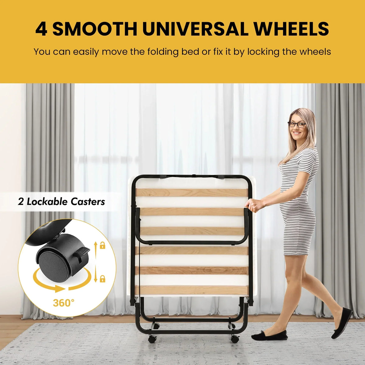 Nouveauté 2026 – Lit d'appoint pliable et portable Gymax avec sommier à lattes en bois massif et cadre en métal, sur roulettes, pour adultes