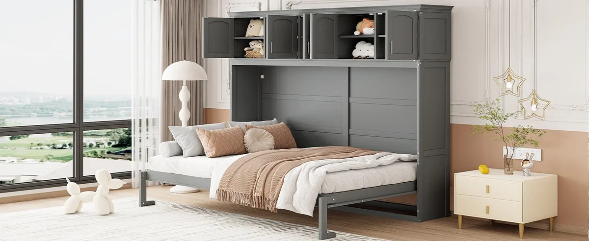 Nouveauté 2026 – Lit escamotable mural Queen Size avec rangements supérieurs, gris