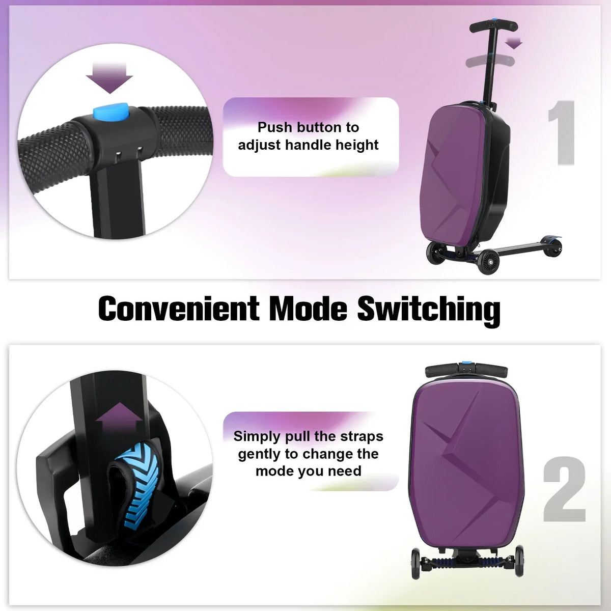 Nouveauté 2026 – Valise-trottinette Advwin pour enfants et adultes, valise rigide à roulettes pour enfants de 4 à 15 ans, multifonctionnelle, légère et pliable, avec roulettes, rose