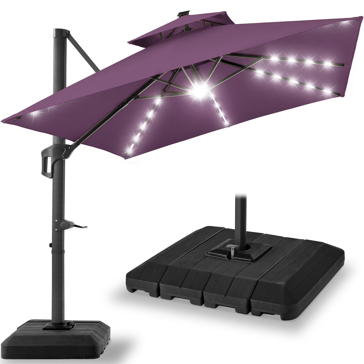 Nouveauté 2026 – Parasol de terrasse carré déporté à deux niveaux, 3 x 3 m, à éclairage solaire LED, avec base incluse (Best Choice Products, ) - Beige