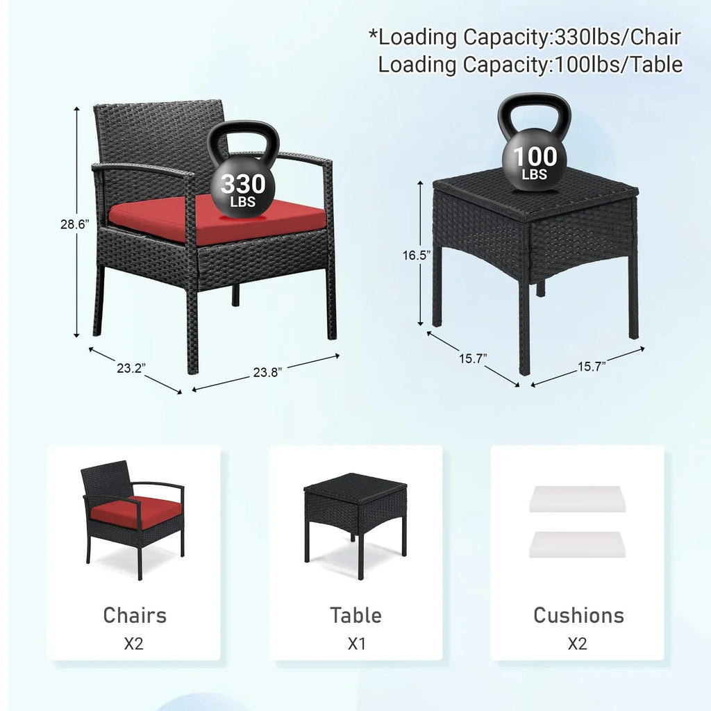 Nouveauté 2026 – Ensemble de mobilier de jardin Tappio , 3 pièces, style bistro, comprenant des chaises de conversation en rotin, une table d'appoint et des coussins. Idéal pour balcon, jardin ou terrasse. Couleur : rouge