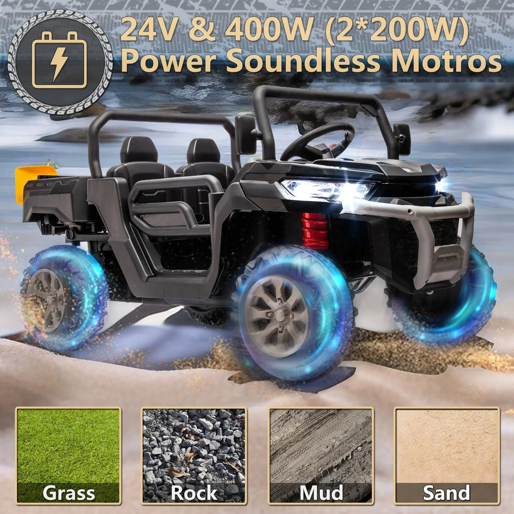 Nouveauté 2026 – Camion électrique Xuanlur 24V 2 places pour enfants , avec moteur 2x200W, benne basculante/pelle, pneus résistants, lumières LED, musique et télécommande, noir