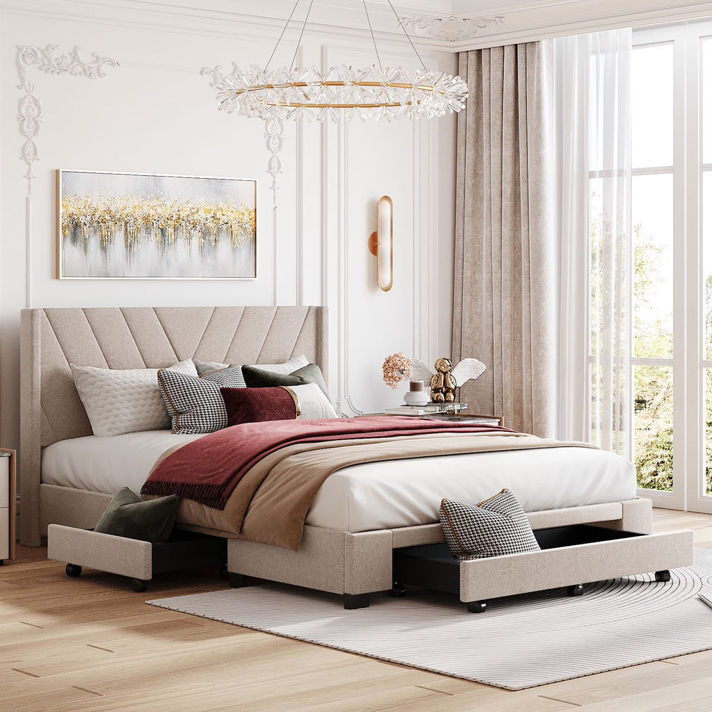 Nouveauté 2026 – Cadre de lit Queen Sesslife avec rangement, nouveau lit plateforme rembourré en lin amélioré avec 3 tiroirs, lit de rangement Queen avec tête de lit et lattes en bois, aucun sommier requis, supporte 227 kg, beige