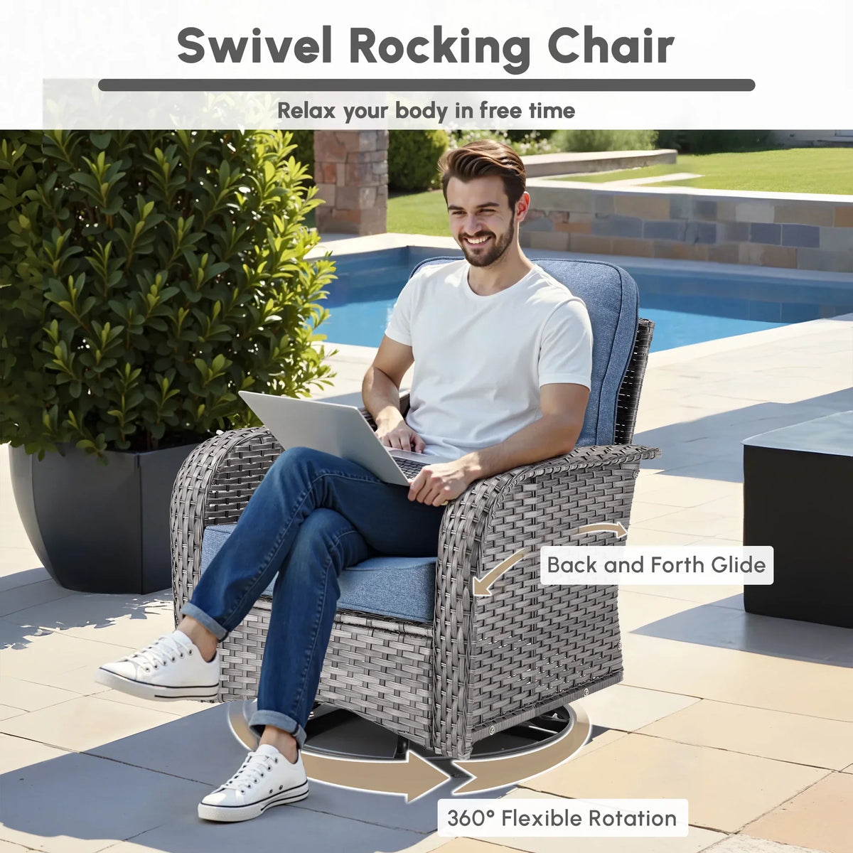 Nouveauté 2026 – Ensemble de mobilier de jardin 5 pièces Ovios , comprenant fauteuils pivotants et table basse, en résine tressée résistante aux intempéries, gris foncé