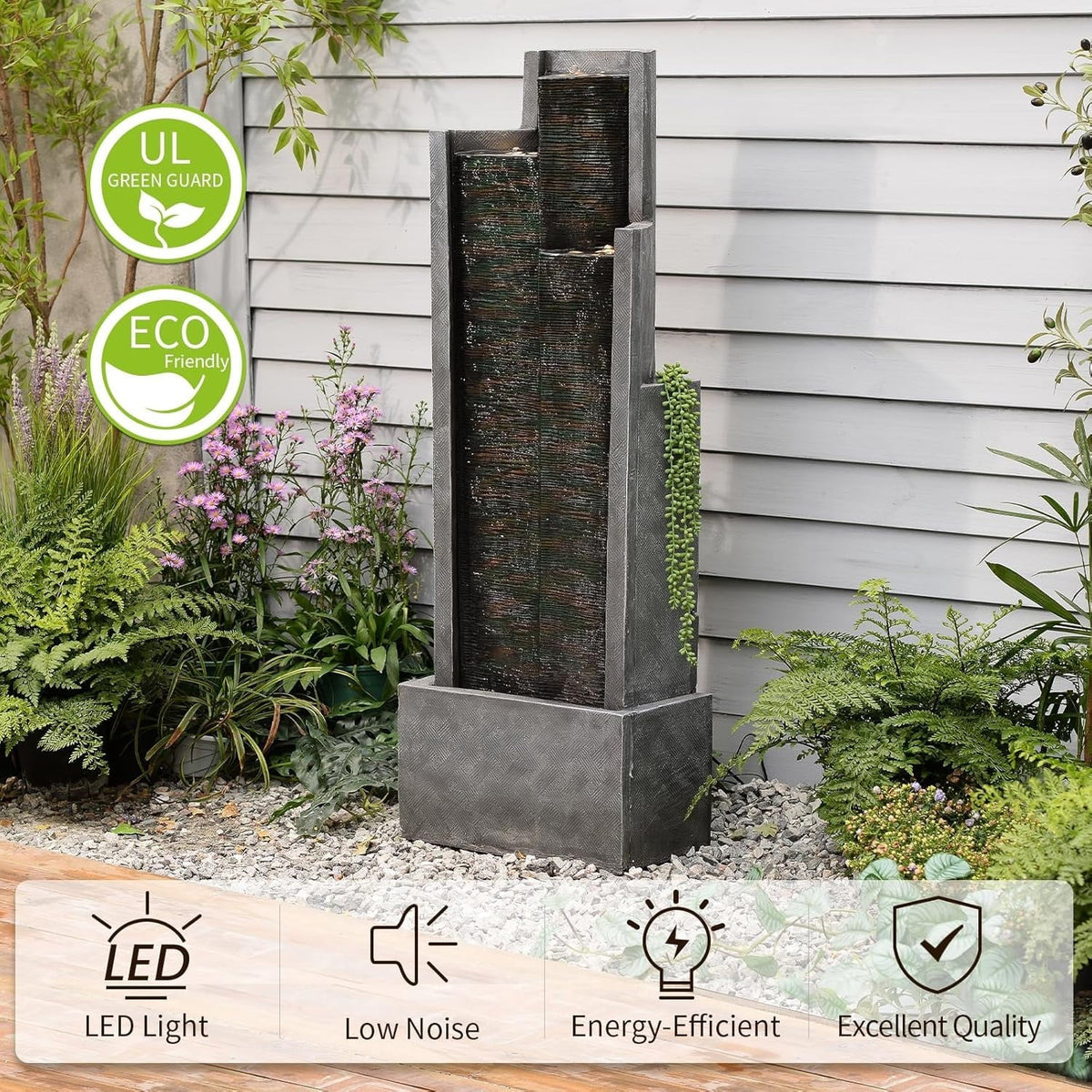 Nouveauté 2026 – Fontaine cascade moderne d'extérieur avec éclairage LED pour jardin, terrasse, cour, patio, porche et décoration intérieure