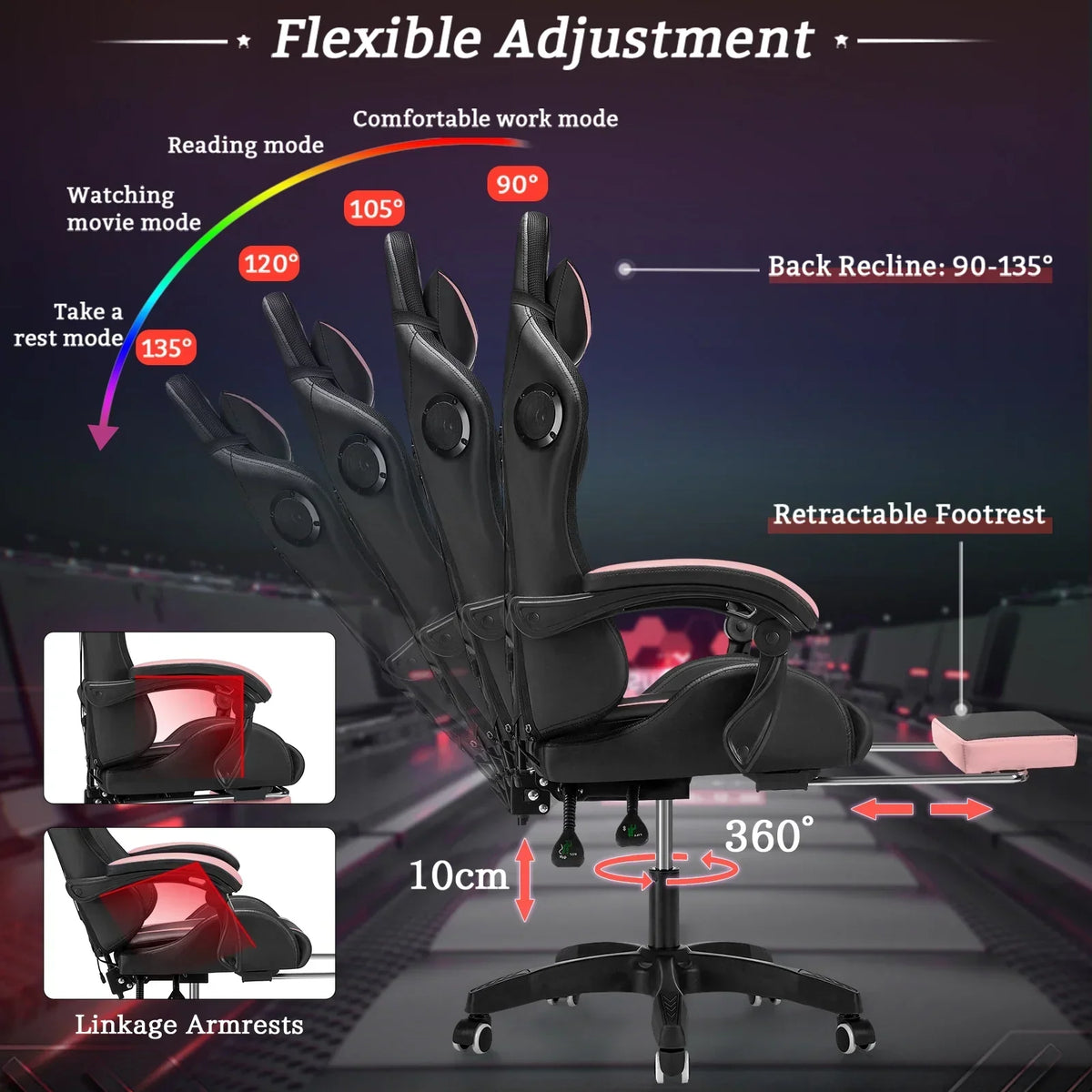 Nouveauté 2026 – Fauteuil de jeu Hoffree avec haut-parleurs intégrés, en cuir PU, repose-pieds et éclairage LED. Fauteuil ergonomique pour gamer avec massage, soutien lombaire et appui-tête pivotant et réglable. Idéal pour le télétravail et le bureau