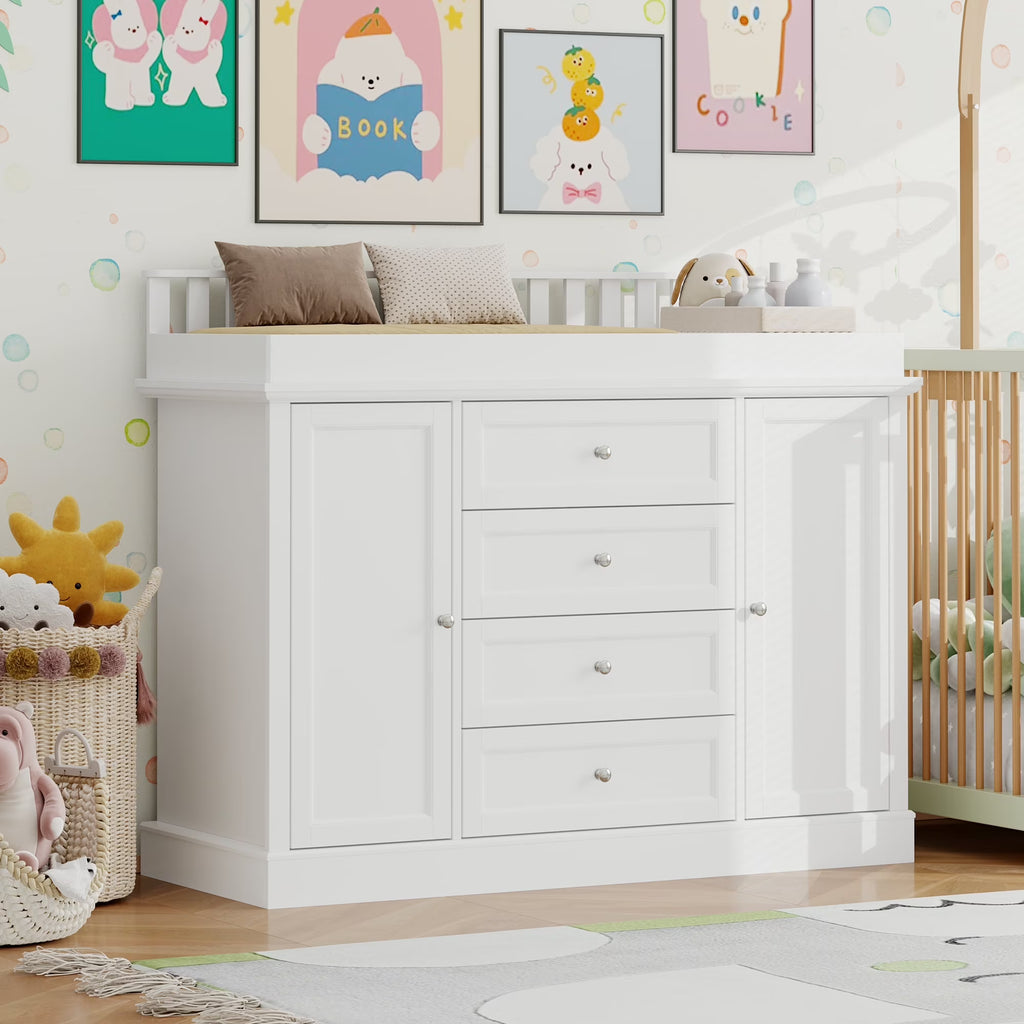 Nouveauté 2026 – Table à langer/commode pour chambre de bébé OXYLIFE , 114 cm (45 po), avec 4 tiroirs et une étagère, blanche