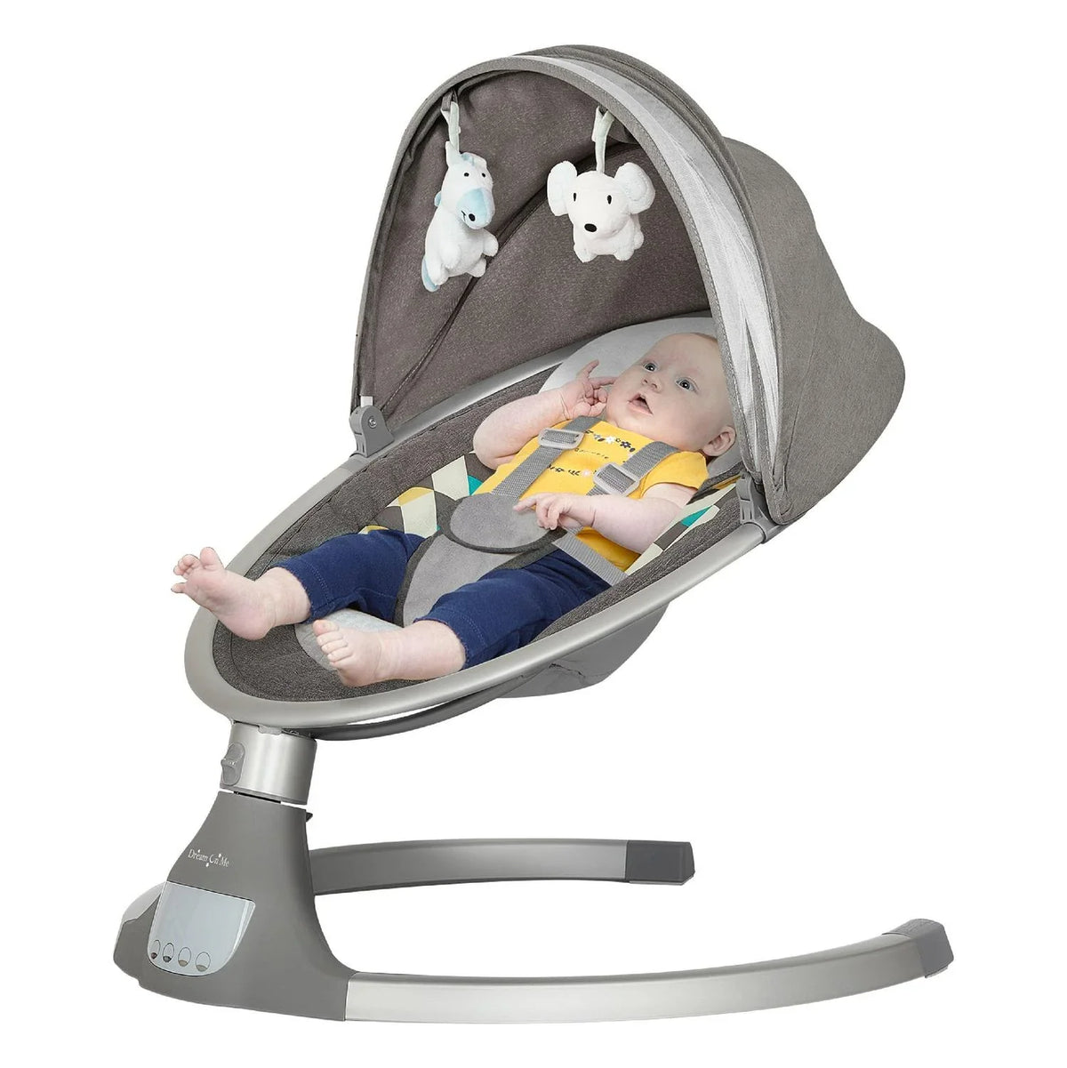 Nouveauté 2026 – Balancelle pour bébé Dream On Me Zazu . Balancelle pour nourrisson. 5 vitesses de balancement. Deux jouets intégrés. Connectivité Bluetooth et télécommande. Gris et bleu