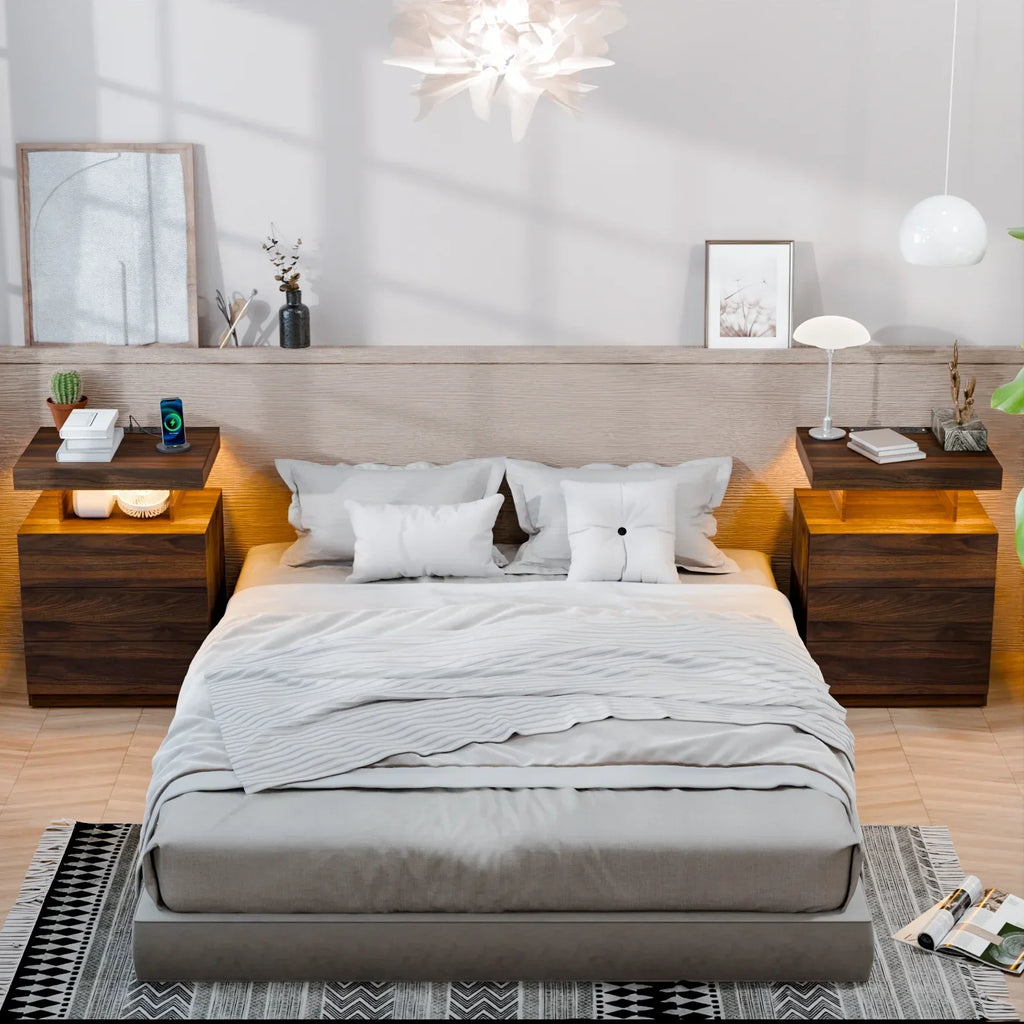 Nouveauté 2026 – Table de chevet LED Hommpa avec station de charge sans fil, ports USB Type-C, 3 tiroirs, finition laquée noire, style moderne et élégant, hauteur 68 cm (26,8 pouces). Idéale pour la chambre à coucher