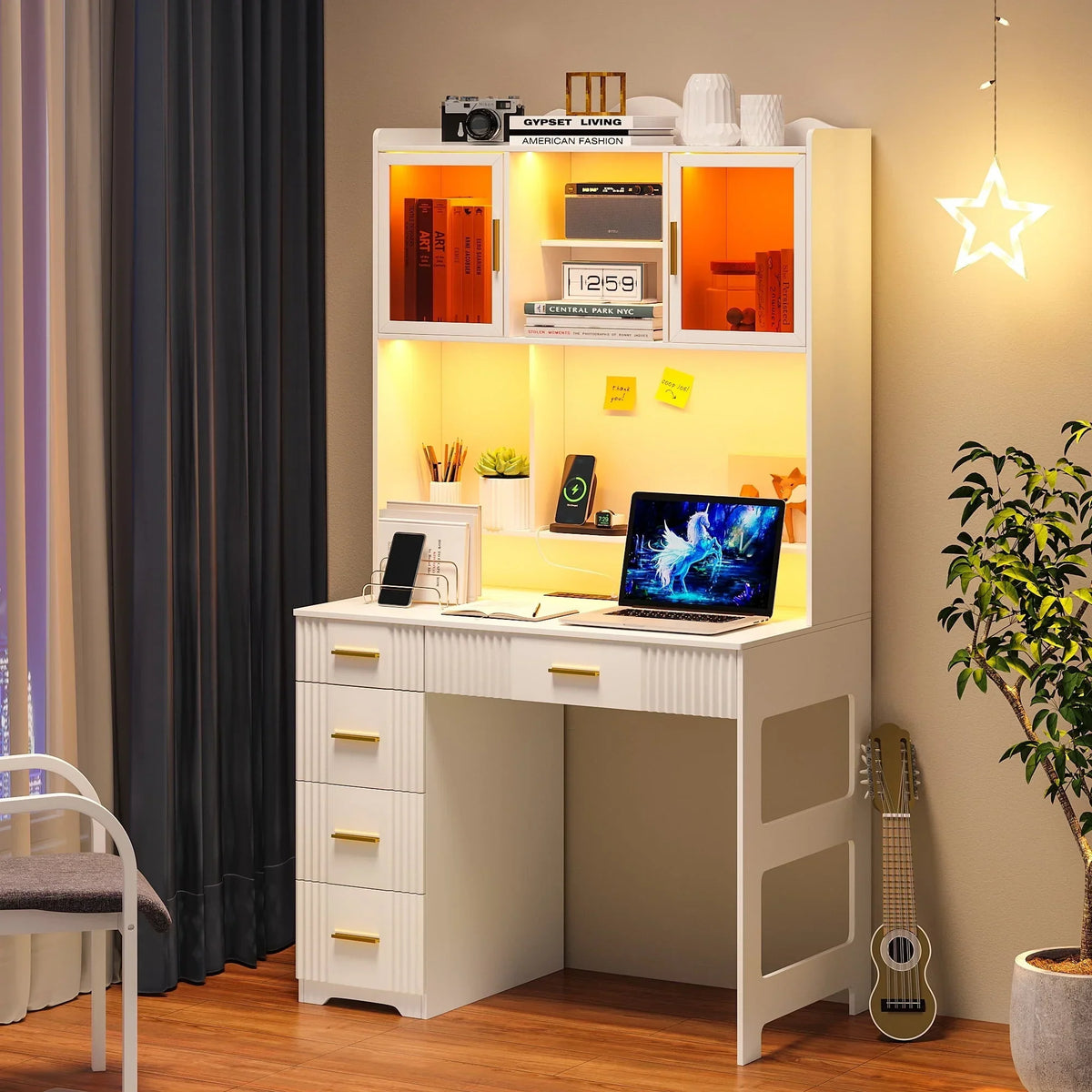 Nouveauté 2026 – Bureau d'étude LED HNEBC avec étagère et tiroir, bureau pour bureau à domicile avec prise électrique, bureau d'ordinateur avec station de charge, bureau d'écriture pour chambre, poste de travail pour petits espaces