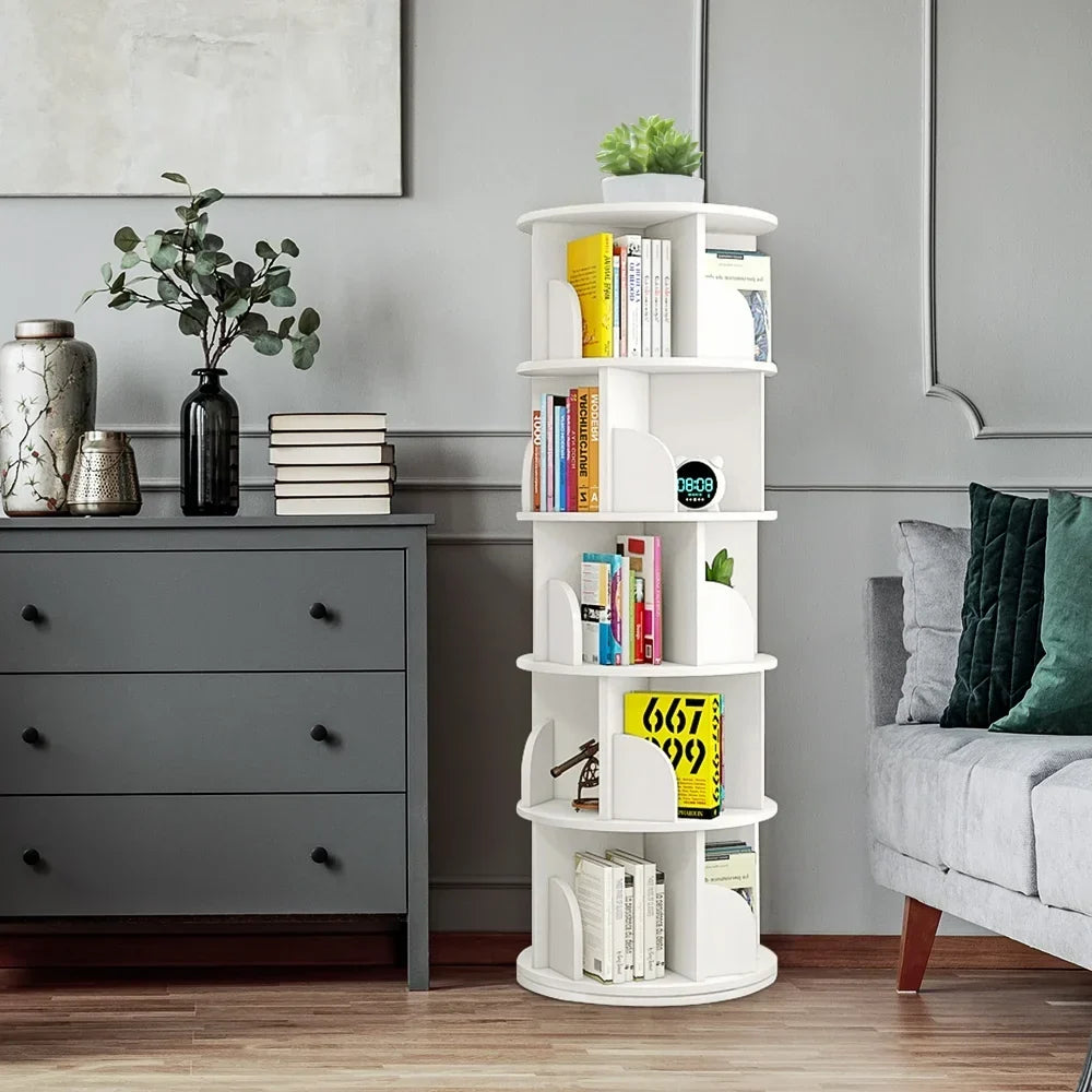Nouveauté 2026 – Bibliothèque pivotante Bimiti 5 niveaux, rotation à 360°, 20 étagères, sur pied, blanche, 160 x 46 x 46 cm, pour adultes