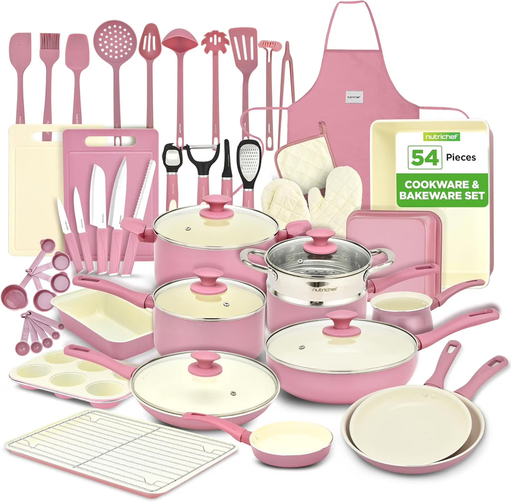 Nouveauté 2026 – Ensemble de cuisine 54 pièces – Ensemble complet de casseroles et poêles en céramique antiadhésive avec ustensiles, moules à pâtisserie et couteaux, compatible gaz, électrique et induction, rose poudré – Indispensables pour la cuisin