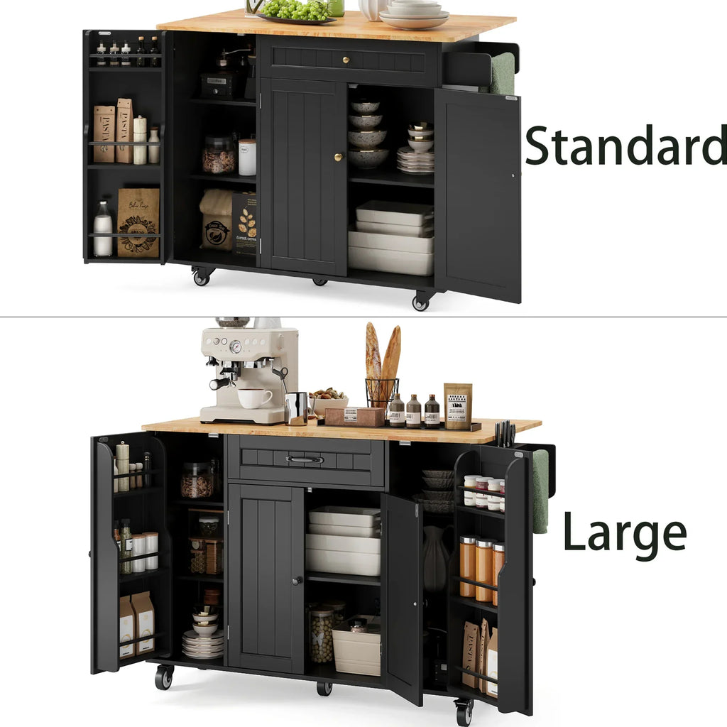 Nouveauté 2026 – Îlot de cuisine Noelse avec rangements, table d'appoint rabattable, porte-épices et porte-serviettes pour petites cuisines, blanc