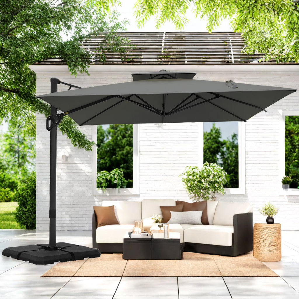 Nouveauté 2026 – Parasol d'extérieur Alpha Joy 12x9pi (3,66 x 2,74 m), grand modèle rectangulaire déporté à double structure, rotation à 360°, beige